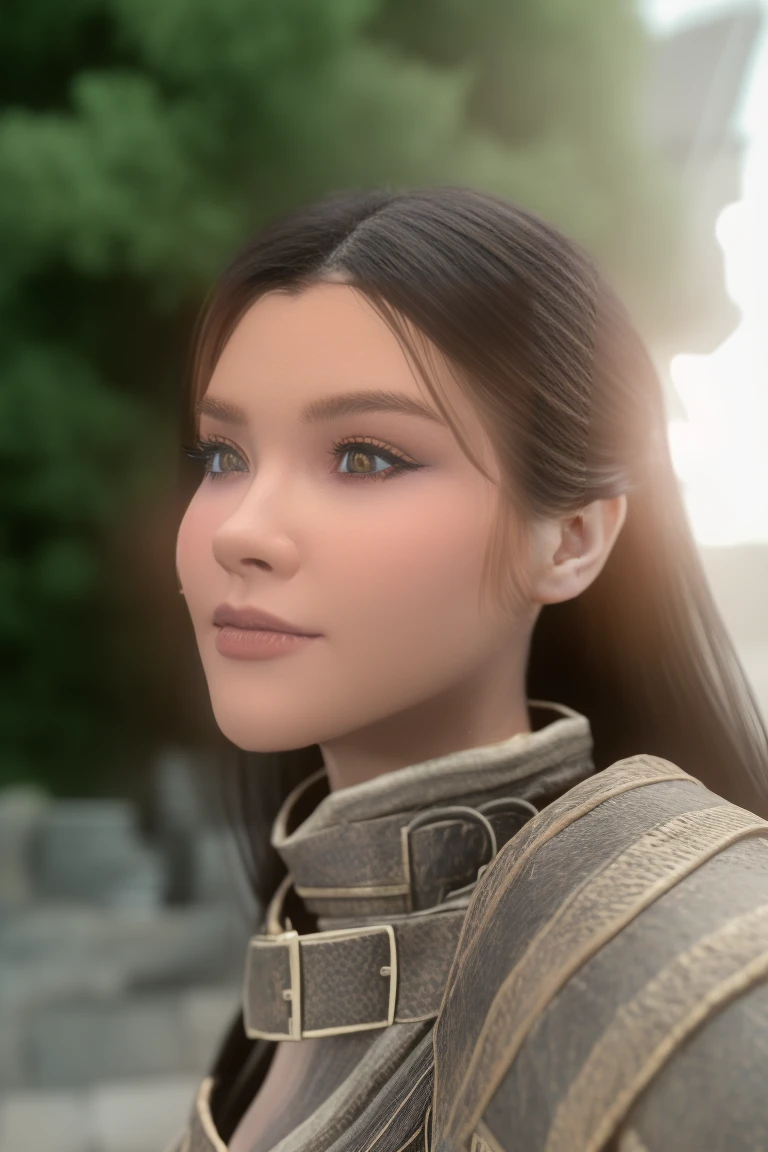 1 fille, chef-d&#39;œuvre, 32 J’ai, femellebretonne beauty sits outdoors in a rustic Skyrim village, entouré de toits de chaume et de verdure luxuriante. Le soleil projette une lueur chaude sur sa peau de porcelaine alors qu&#39;elle regarde directement dans l&#39;objectif de l&#39;appareil photo., ses yeux verts perçants pétillants d&#39;un soupçon de malice. Ses tresses corbeau tombent sur son dos comme une cascade., encadrant son visage en forme de cœur. Un doux sourire joue sur ses lèvres, invitant le spectateur à entrer dans son monde fantaisiste. cheveux blond, corps en forme, Style Skyrim, (vue de face féminine:1.3), Regarder le spectateur.,porter une armure légère, femellebretonne