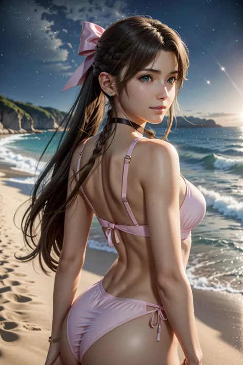 
Aerith,FF7, Long Hair, bangs, Brown Hair, bow, ribbon, jewelry, Green Eyes,  hair ピンクribbon, Braiding, hair bow, Side Lock, cho...