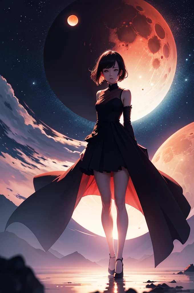 full body Girl mostly silhouette in front of Lunar eclipse 