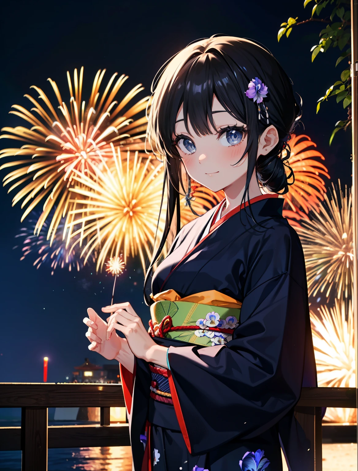 mioakiyama, My Akiyama, Long Hair, bangs, Black Hair, (Iris:1.3), Hime cut,blush,smile,hair tied back,Flower Hair Ornaments,Black yukata,Japanese Festivals，Summer festival food stalls、Red lantern,Fireworks in the night sky,Fireworks,The place is a fireworks display,Time is night,sunny day,whole bodyがイラストに入るように
break outdoors, shrine,
break looking at viewer, whole body,(Cowboy Shot:1.5),
break (masterpiece:1.2), Highest quality, High resolution, unity 8k wallpaper, (figure:0.8), (Beautiful attention to detail:1.6), Highly detailed face, Perfect lighting, Highly detailed CG, (Perfect hands, Perfect Anatomy),