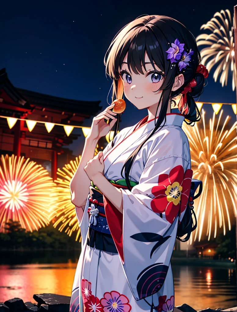 mioakiyama, My Akiyama, Long Hair, bangs, Black Hair, (Iris:1.3), Hime cut,blush,smile,hair tied back,Flower Hair Ornaments,Black yukata,Japanese Festivals，Summer festival food stalls、Red lantern,Fireworks in the night sky,Fireworks,The place is a fireworks display,Time is night,sunny day,whole bodyがイラストに入るように
break outdoors, shrine,
break looking at viewer, whole body,(Cowboy Shot:1.5),
break (masterpiece:1.2), Highest quality, High resolution, unity 8k wallpaper, (figure:0.8), (Beautiful attention to detail:1.6), Highly detailed face, Perfect lighting, Highly detailed CG, (Perfect hands, Perfect Anatomy),