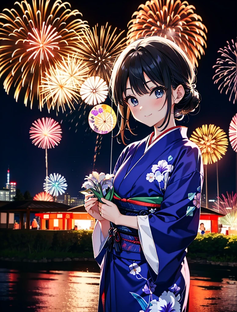 mioakiyama, Mon Akiyama, cheveux longs, frange, cheveux noirs, (Iris:1.3), Coupe Hime,rougir,sourire,cheveux attachés en arrière,Ornements de cheveux de fleurs,Yukata noir,Fêtes japonaises，Stands de nourriture du festival d&#39;été、Lanterne rouge,feux d&#39;artifice in the night sky,feux d&#39;artifice,L&#39;endroit est un feu d&#39;artifice,le temps est la nuit,journée ensoleillée,tout le corpsがイラストに入るように
casser outdoors, tombeau,
casser looking at viewer, tout le corps,(tir de cow-boy:1.5),
casser (chef-d&#39;œuvre:1.2), la plus haute qualité, haute résolution, unité 8k fond d&#39;écran, (chiffre:0.8), (Belle attention aux détails:1.6), Visage très détaillé, éclairage parfait, CG très détaillé, (des mains parfaites, Anatomie parfaite),