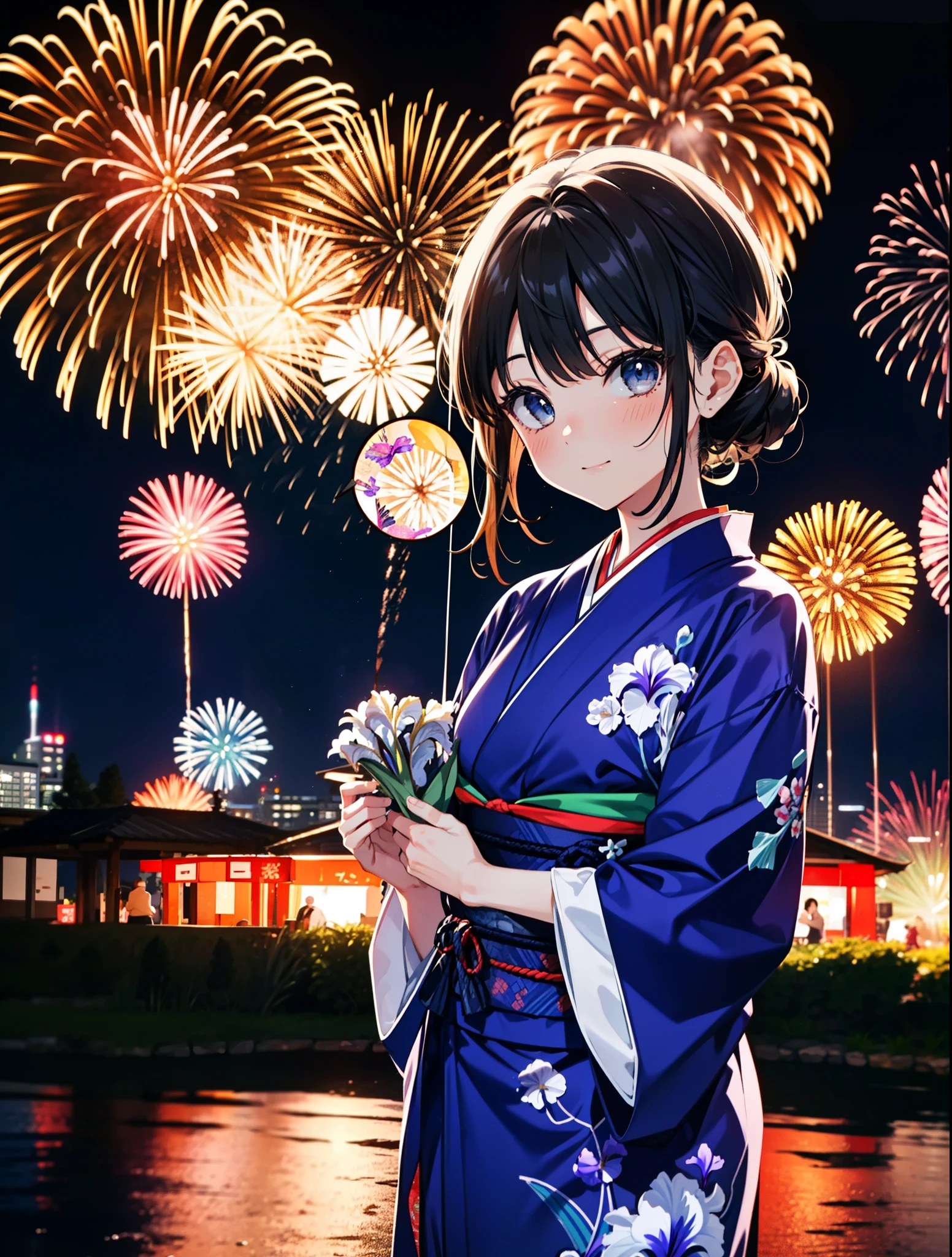 mioakiyama, Mon Akiyama, cheveux longs, frange, cheveux noirs, (Iris:1.3), Coupe Hime,rougir,sourire,cheveux attachés en arrière,Ornements de cheveux de fleurs,Yukata noir,Fêtes japonaises，Stands de nourriture du festival d&#39;été、Lanterne rouge,feux d&#39;artifice in the night sky,feux d&#39;artifice,L&#39;endroit est un feu d&#39;artifice,le temps est la nuit,journée ensoleillée,tout le corpsがイラストに入るように
casser outdoors, tombeau,
casser looking at viewer, tout le corps,(tir de cow-boy:1.5),
casser (chef-d&#39;œuvre:1.2), la plus haute qualité, haute résolution, unité 8k fond d&#39;écran, (chiffre:0.8), (Belle attention aux détails:1.6), Visage très détaillé, éclairage parfait, CG très détaillé, (des mains parfaites, Anatomie parfaite),