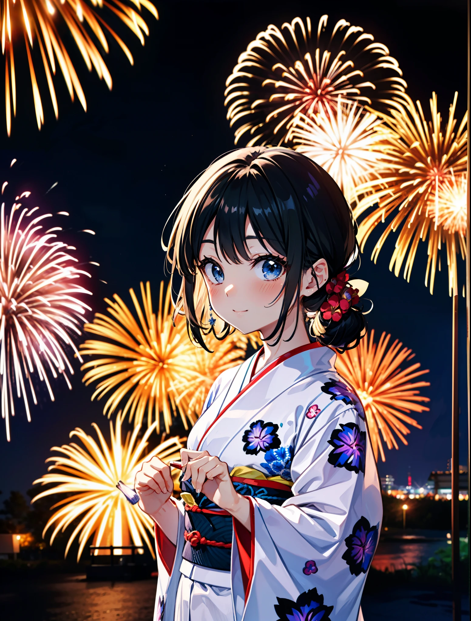 mioakiyama, Mon Akiyama, cheveux longs, frange, cheveux noirs, (Iris:1.3), Coupe Hime,rougir,sourire,cheveux attachés en arrière,Ornements de cheveux de fleurs,Yukata noir,Fêtes japonaises，Stands de nourriture du festival d&#39;été、Lanterne rouge,feux d&#39;artifice in the night sky,feux d&#39;artifice,L&#39;endroit est un feu d&#39;artifice,le temps est la nuit,journée ensoleillée,tout le corpsがイラストに入るように
casser outdoors, tombeau,
casser looking at viewer, tout le corps,(tir de cow-boy:1.5),
casser (chef-d&#39;œuvre:1.2), la plus haute qualité, haute résolution, unité 8k fond d&#39;écran, (chiffre:0.8), (Belle attention aux détails:1.6), Visage très détaillé, éclairage parfait, CG très détaillé, (des mains parfaites, Anatomie parfaite),