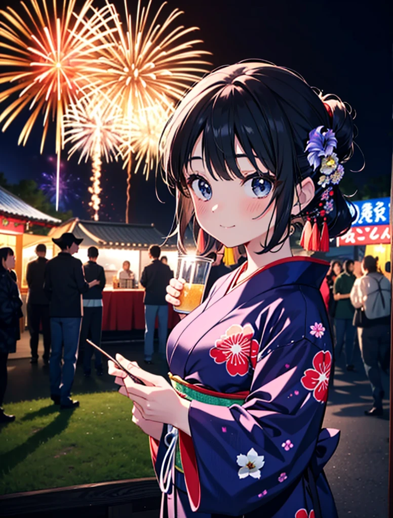 mioakiyama, Mein Akiyama, lange Haare, bangs, schwarzes Haar, (Iris:1.3), Hime-Schnitt,erröten,lächeln,Haare zurückgebunden,Blumen Haarschmuck,Black yukata,Japanische Festivals，Essensstände beim Sommerfest、Rote Laterne,Feuerwerk in the night sky,Feuerwerk,Der Ort ist ein Feuerwerk,Die Zeit ist Nacht,sonniger Tag,ganzer Körperがイラストに入るように
brechen outdoors, Schrein,
brechen looking at viewer, ganzer Körper,(Cowboy-Schuss:1.5),
brechen (Meisterwerk:1.2), höchste Qualität, Hohe Auflösung, Einheit 8k Hintergrundbild, (Figur:0.8), (Schöne Liebe zum Detail:1.6), sehr detailliertes Gesicht, Perfekte Beleuchtung, Hochdetaillierte CG, (perfekte Hände, Perfekte Anatomie),