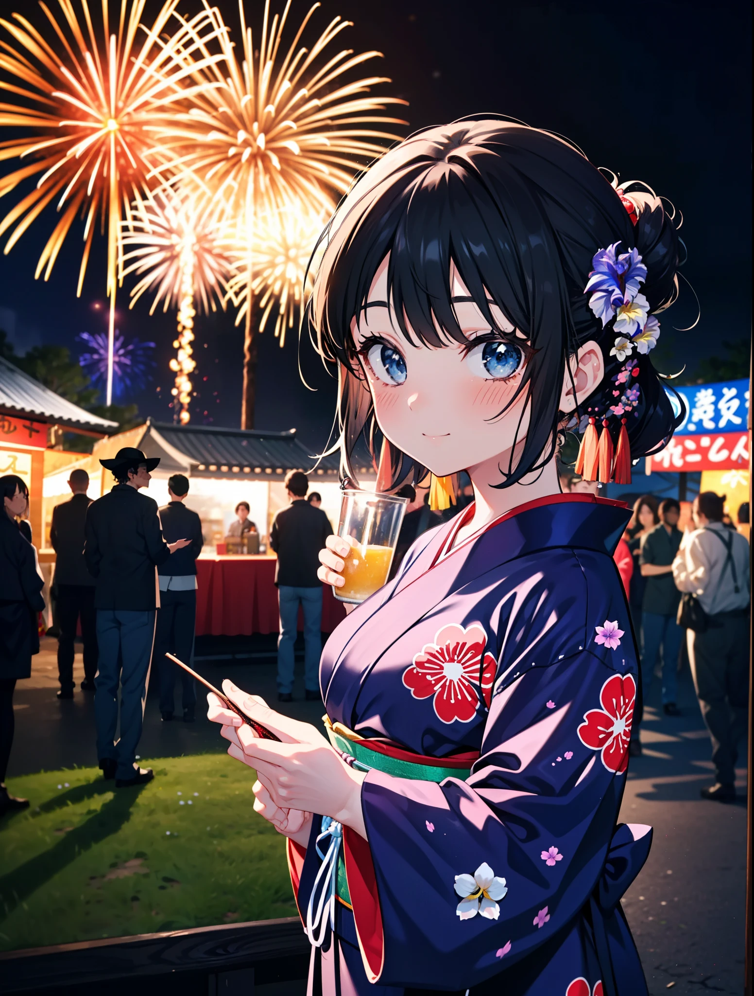 mioakiyama, My Akiyama, Long Hair, bangs, Black Hair, (Iris:1.3), Hime cut,blush,smile,hair tied back,Flower Hair Ornaments,Black yukata,Japanese Festivals，Summer festival food stalls、Red lantern,Fireworks in the night sky,Fireworks,The place is a fireworks display,Time is night,sunny day,whole bodyがイラストに入るように
break outdoors, shrine,
break looking at viewer, whole body,(Cowboy Shot:1.5),
break (masterpiece:1.2), Highest quality, High resolution, unity 8k wallpaper, (figure:0.8), (Beautiful attention to detail:1.6), Highly detailed face, Perfect lighting, Highly detailed CG, (Perfect hands, Perfect Anatomy),