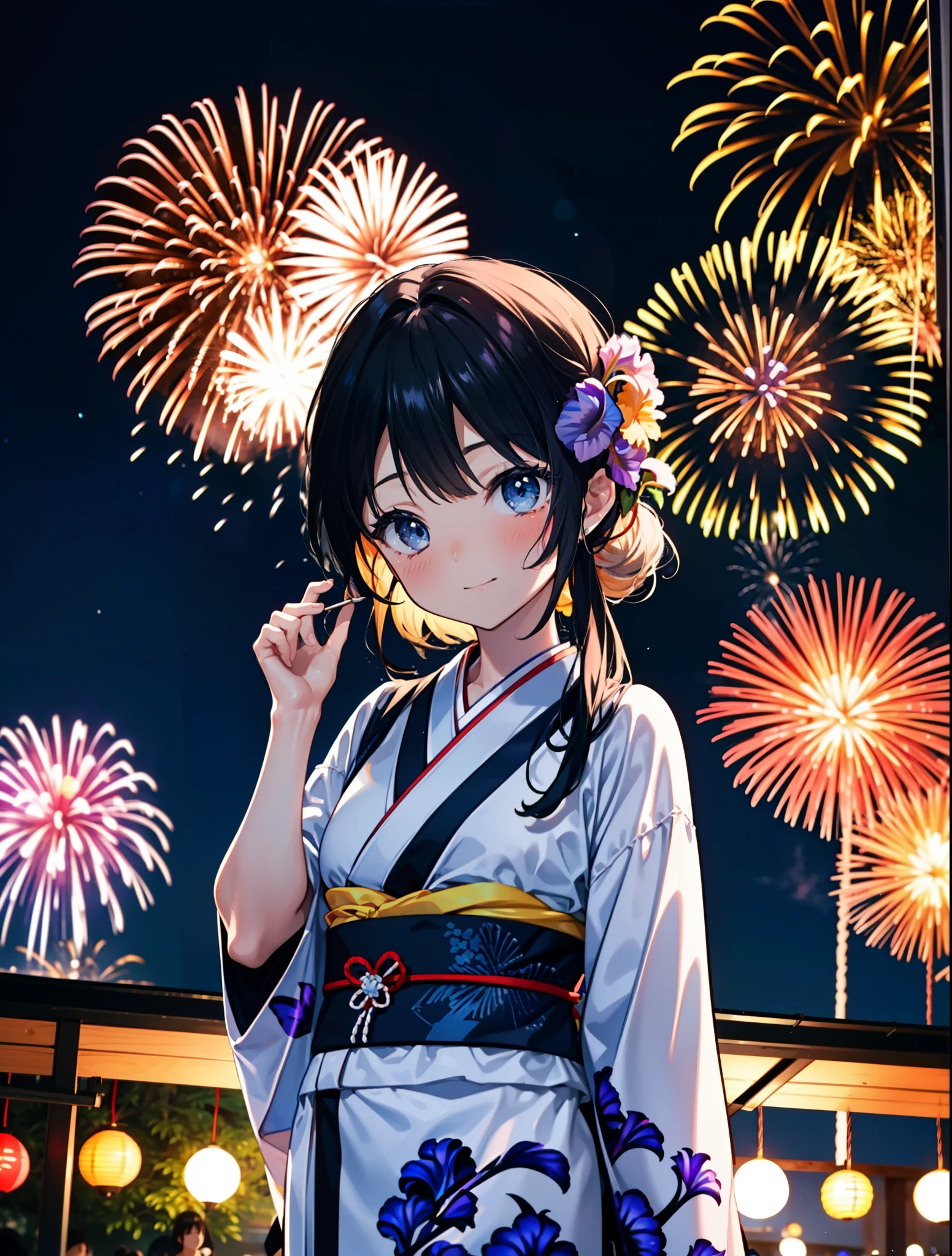 mioakiyama, Mon Akiyama, cheveux longs, frange, cheveux noirs, (Iris:1.3), Coupe Hime,rougir,sourire,cheveux attachés en arrière,Ornements de cheveux de fleurs,Yukata noir,Fêtes japonaises，Stands de nourriture du festival d&#39;été、Lanterne rouge,feux d&#39;artifice in the night sky,feux d&#39;artifice,L&#39;endroit est un feu d&#39;artifice,le temps est la nuit,journée ensoleillée,tout le corpsがイラストに入るように
casser outdoors, tombeau,
casser looking at viewer, tout le corps,(tir de cow-boy:1.5),
casser (chef-d&#39;œuvre:1.2), la plus haute qualité, haute résolution, unité 8k fond d&#39;écran, (chiffre:0.8), (Belle attention aux détails:1.6), Visage très détaillé, éclairage parfait, CG très détaillé, (des mains parfaites, Anatomie parfaite),