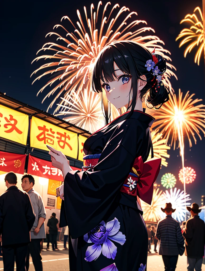 mioakiyama, My Akiyama, Long Hair, bangs, Black Hair, (Iris:1.3), Hime cut,blush,smile,hair tied back,Flower Hair Ornaments,Black yukata,Japanese Festivals，Summer festival food stalls、Red lantern,Fireworks in the night sky,Fireworks,The place is a fireworks display,Time is night,sunny day,whole bodyがイラストに入るように
break outdoors, shrine,
break looking at viewer, whole body,(Cowboy Shot:1.5),
break (masterpiece:1.2), Highest quality, High resolution, unity 8k wallpaper, (figure:0.8), (Beautiful attention to detail:1.6), Highly detailed face, Perfect lighting, Highly detailed CG, (Perfect hands, Perfect Anatomy),