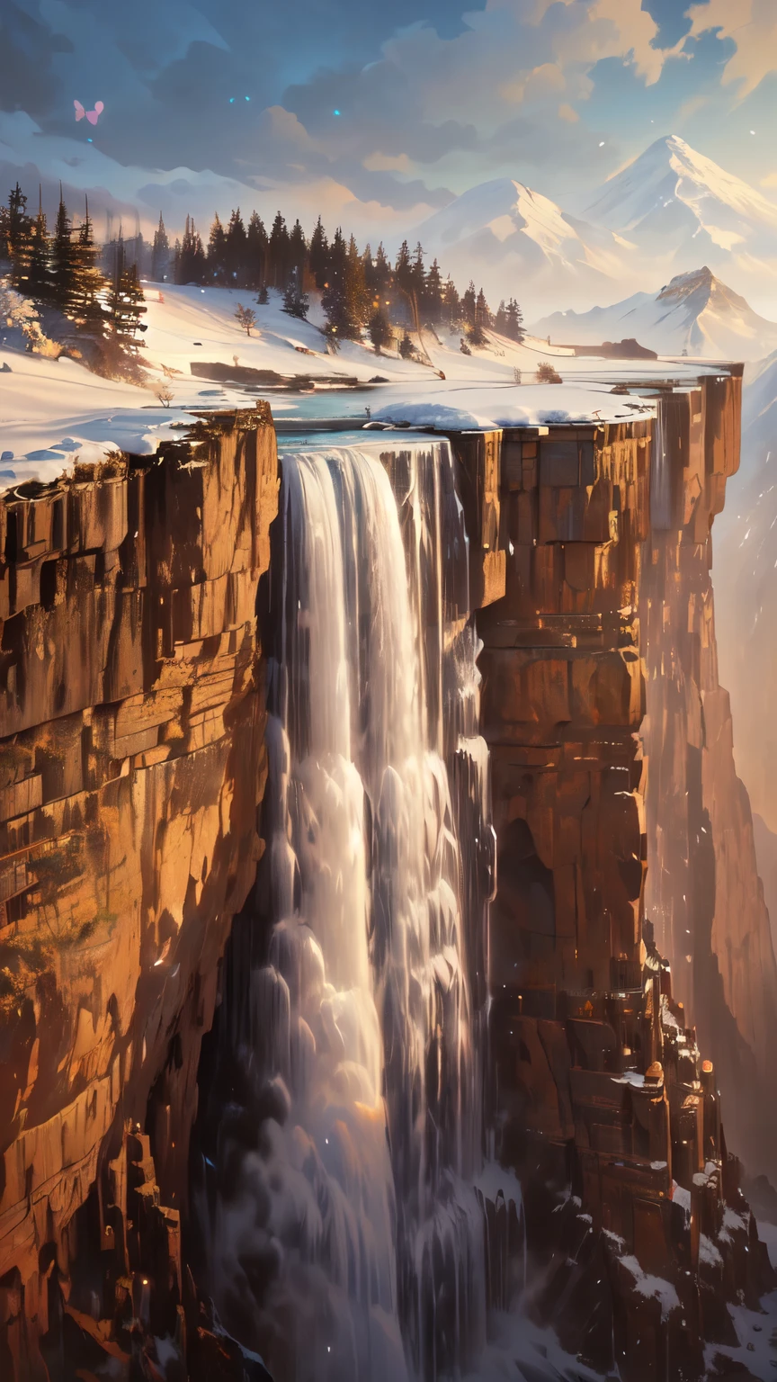 arafed waterfall with a snow covered mountain in the background, stunning photography, marc adamus, frozen waterfall, beautiful wallpaper, stunning waterfall, immense waterfall, huge waterfall, beautiful natural rim light, beautiful stunning waterfall, huge waterfalls, incredibly beautiful, an endless waterfall, amazing wallpaper, beautiful nature, extremely beautiful, amazing photography, epic scenic shot, ryan dyar,,,, (brokeh effect)(butterflies)