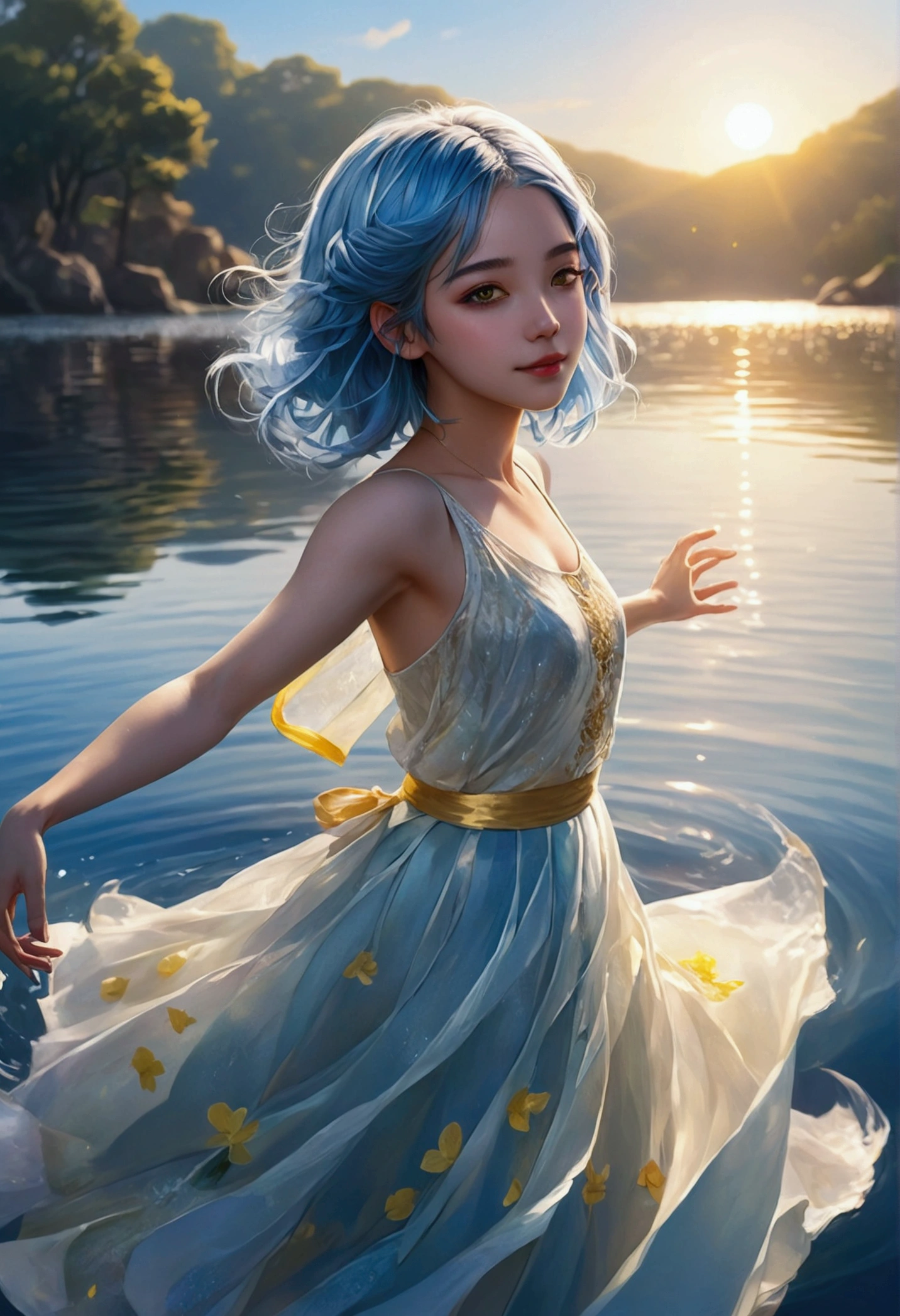 Create an anime-style illustration featuring a serene, peaceful background with a girl dancing on water. She has shoulder-length blue hair and shining yellow eyes. The scene should evoke tranquility and beauty, with soft, calming colors and gentle reflections on the water.