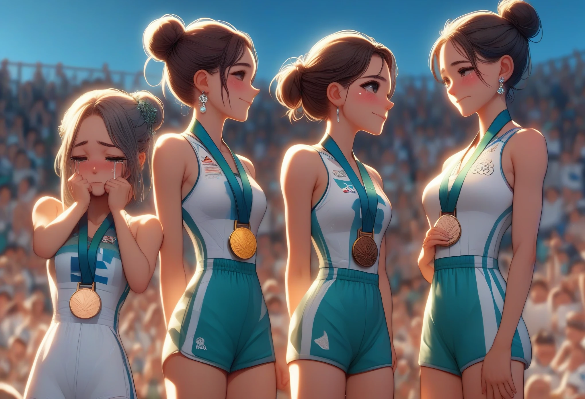 close-up, bronze medal, different colors badges, side by side, cute, 3girls, (((mint athletes uniforms, mint sports shorts))), head down, sad, sweat, olympic rings, olympic venues, crowd in distant stands, cinematic light, medium tits, slim figure, brown hair, double bun, from below, full body, standing on ranking podium, 