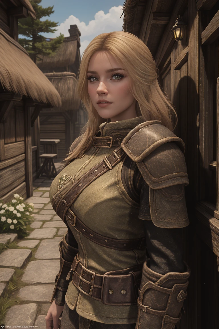 1 girl, masterpiece, 32 yo, femalebreton beauty sits outdoors in a rustic Skyrim village, surrounded by thatched roofs and lush greenery. The sun casts a warm glow on her porcelain skin as she gazes directly into the camera lens, her piercing green eyes sparkling with a hint of mischief. Her raven tresses cascade down her back like a waterfall, framing her heart-shaped face. A gentle smile plays on her lips, inviting the viewer to step into her whimsical world. blonde hair, fit body, Skyrim style, (female front view:1.3), looking at the viewer.,wearing light armor, blonde hair, femalebreton