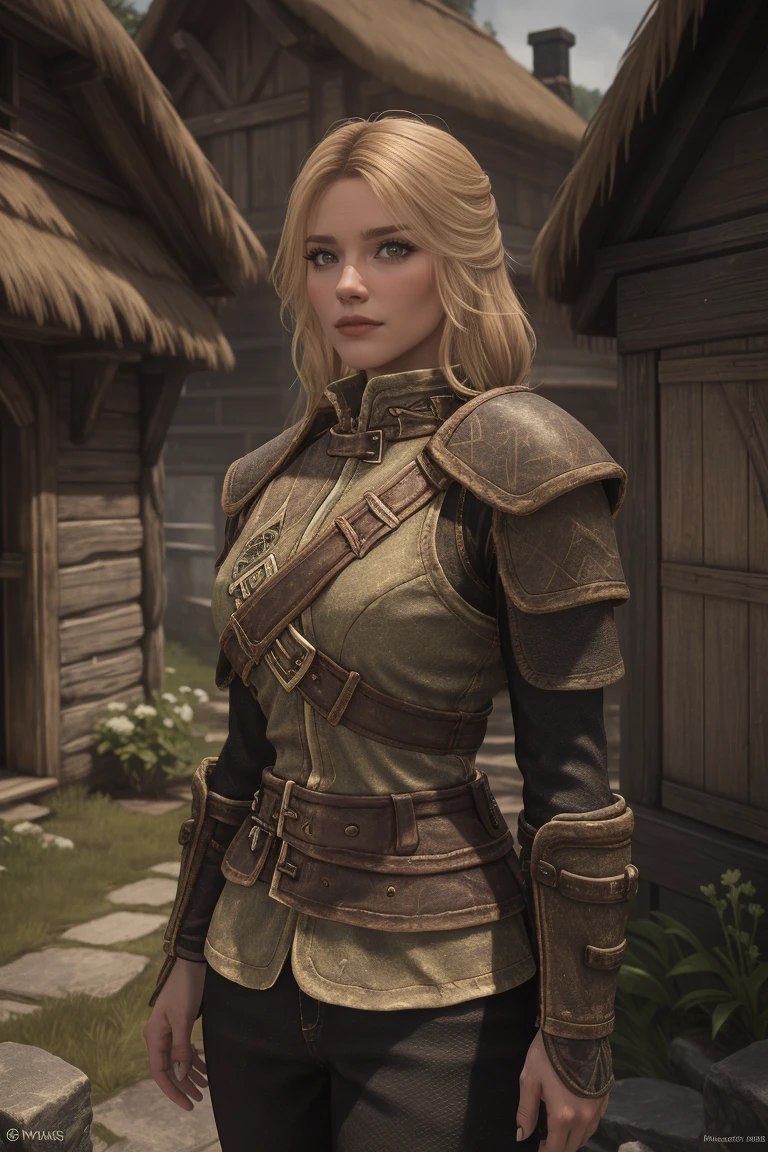 1 girl, masterpiece, 32 yo, femalebreton beauty sits outdoors in a rustic Skyrim village, surrounded by thatched roofs and lush greenery. The sun casts a warm glow on her porcelain skin as she gazes directly into the camera lens, her piercing green eyes sparkling with a hint of mischief. Her raven tresses cascade down her back like a waterfall, framing her heart-shaped face. A gentle smile plays on her lips, inviting the viewer to step into her whimsical world. blonde hair, fit body, Skyrim style, (female front view:1.3), looking at the viewer.,wearing light armor, blonde hair, femalebreton