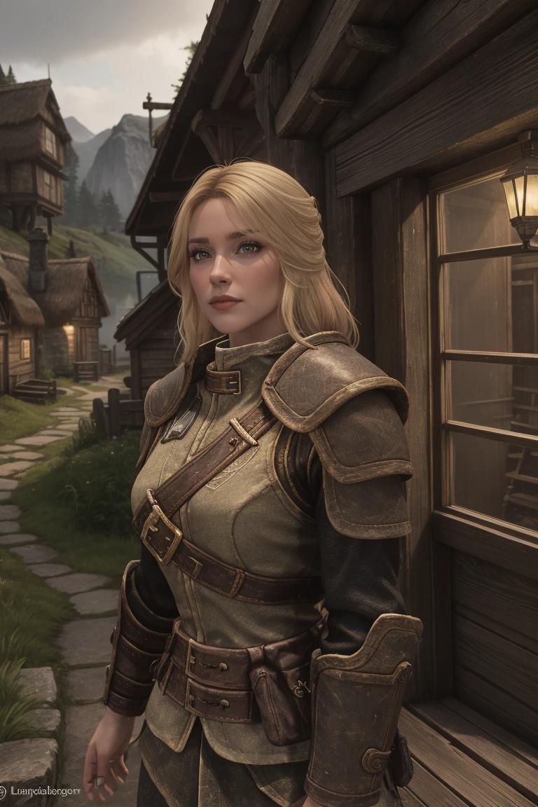 1 girl, masterpiece, 32 yo, femalebreton beauty sits outdoors in a rustic Skyrim village, surrounded by thatched roofs and lush greenery. The sun casts a warm glow on her porcelain skin as she gazes directly into the camera lens, her piercing green eyes sparkling with a hint of mischief. Her raven tresses cascade down her back like a waterfall, framing her heart-shaped face. A gentle smile plays on her lips, inviting the viewer to step into her whimsical world. blonde hair, fit body, Skyrim style, (female front view:1.3), looking at the viewer.,wearing light armor, blonde hair, femalebreton