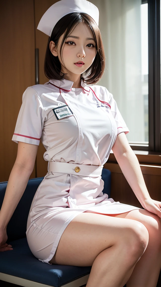 1 girl,(Wearing white nurse clothes:1.2),(RAW Photos, highest quality), (Realistic, photo-Realistic:1.4), masterpiece, Very delicate and beautiful, Very detailed, 2k wallpaper, wonderful, finely, Very detailed CG unity 8k wallpaper, Very detailed, High resolution, Soft Light, Beautiful detailed girl, Very detailed eyes and face, Beautiful and detailed nose, finely beautiful eyes, nurse, Perfect Anatomy, Black Hair, Upstyle, nurse uniform, (()), Long skirt, nurse, White costume, thin, hospital, clear, White Uniform, hospital room, Neck auscultation,Bobcut、(((Sit with your knees apart)))、Pink panties