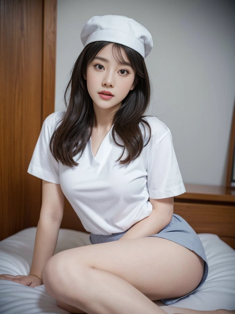 1girl, solo, (uniform), on bed, face at center frame, beautiful realistic hotel room scenery, detailed face, detailed eyes, thick breasts, smooth skin, tight white shirt, grey blue short skirt, looking at the audience, low angle shot,(8k, RAW photo, best quality, masterpiece: 1.2), (realistic, realistic: 1.37), ultra-high resolution