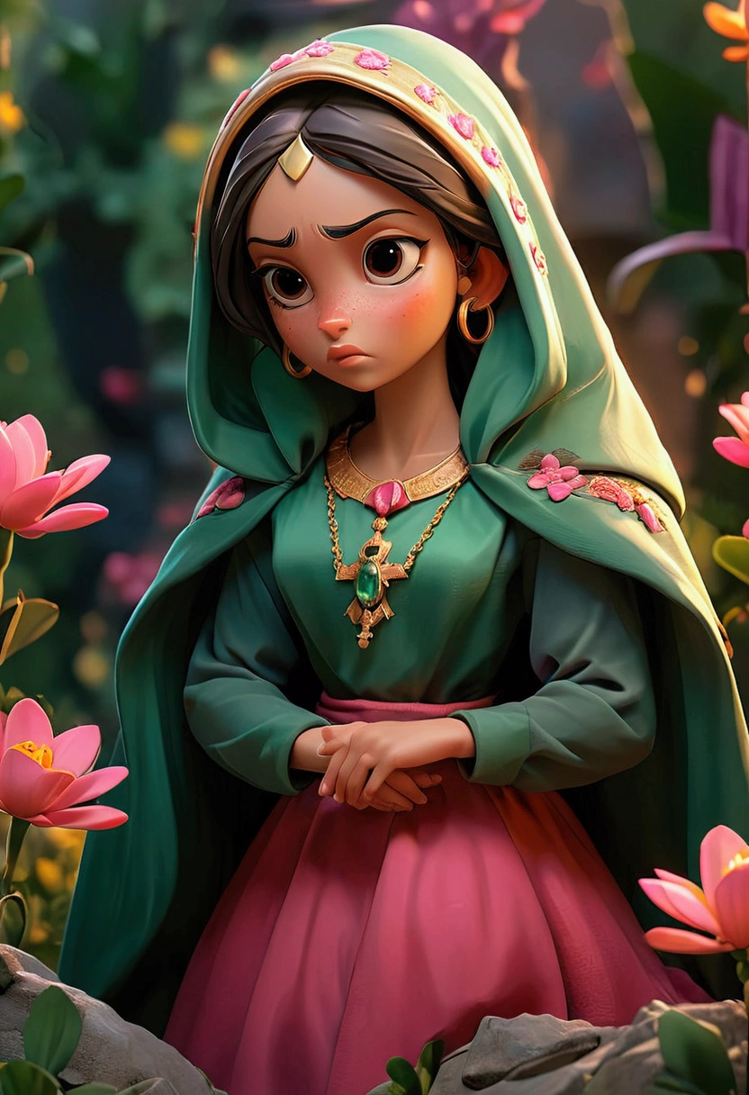 In a low-light, 16k resolution scene, a Masterpiece:1.2 camera captures a stunning image of the Virgin of Guadalupe, perched atop a hill amidst an explosion of vibrant flowers. The shallow depth of field blurs the background, emphasizing her serene presence. Her emerald green cloak cascades down her back like a waterfall, while her delicate pink long gown softly glows in a warm golden light, blooming at her feet, as if paying homage to this revered figure. The camera gently pans across the scene, showcasing the intricate details of the subjects’ skin texture and poses.