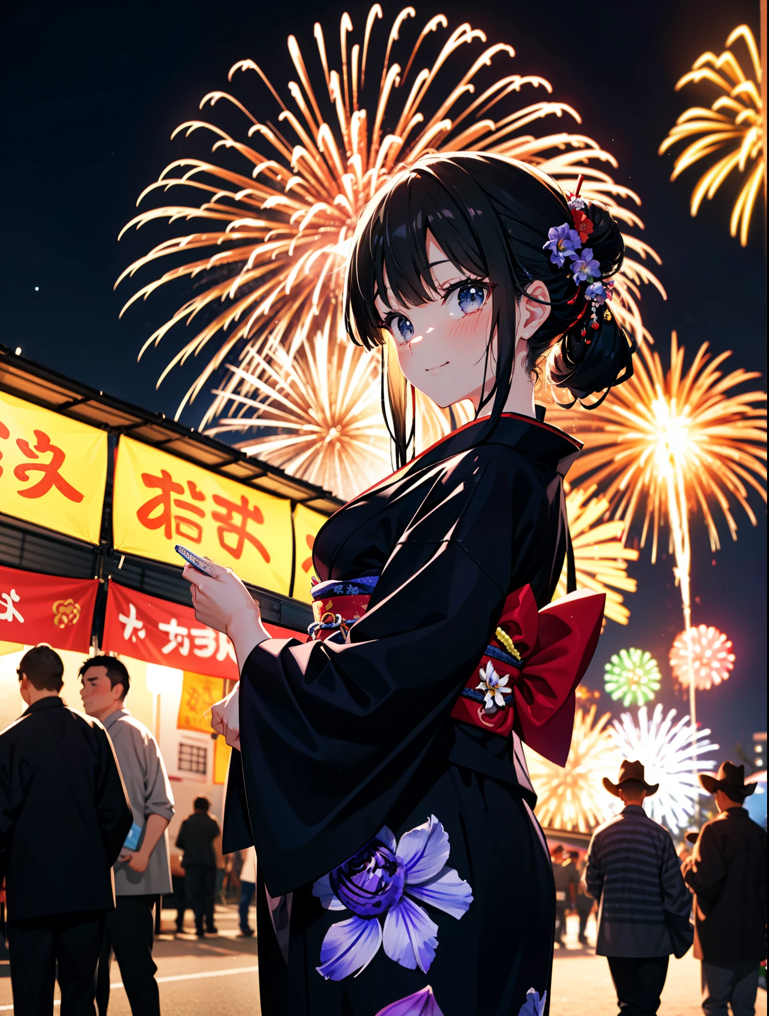 mioakiyama, Mein Akiyama, lange Haare, bangs, schwarzes Haar, (Iris:1.3), Hime-Schnitt,erröten,lächeln,Haare zurückgebunden,Blumen Haarschmuck,Black yukata,Japanische Festivals，Essensstände beim Sommerfest、Rote Laterne,Feuerwerk in the night sky,Feuerwerk,Der Ort ist ein Feuerwerk,Die Zeit ist Nacht,sonniger Tag,ganzer Körperがイラストに入るように
brechen outdoors, Schrein,
brechen looking at viewer, ganzer Körper,(Cowboy-Schuss:1.5),
brechen (Meisterwerk:1.2), höchste Qualität, Hohe Auflösung, Einheit 8k Hintergrundbild, (Figur:0.8), (Schöne Liebe zum Detail:1.6), sehr detailliertes Gesicht, Perfekte Beleuchtung, Hochdetaillierte CG, (perfekte Hände, Perfekte Anatomie),