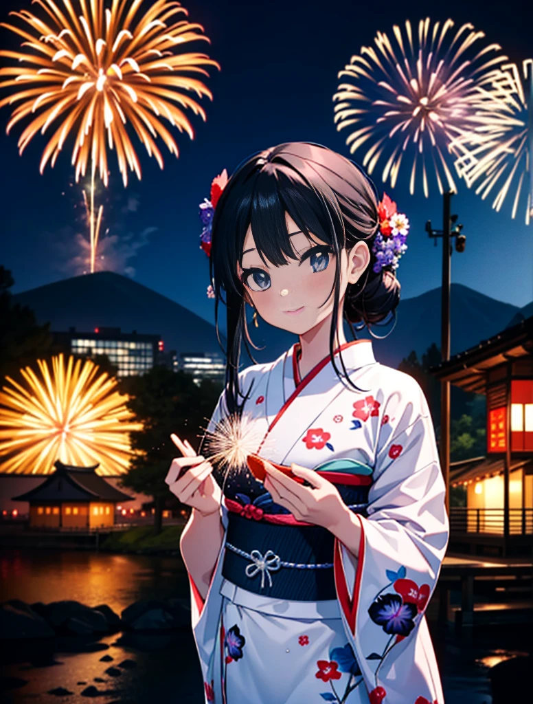 mioakiyama, My Akiyama, Long Hair, bangs, Black Hair, (Iris:1.3), Hime cut,blush,smile,hair tied back,Flower Hair Ornaments,Black yukata,Japanese Festivals，Summer festival food stalls、Red lantern,Fireworks in the night sky,Fireworks,The place is a fireworks display,Time is night,sunny day,whole bodyがイラストに入るように
break outdoors, shrine,
break looking at viewer, whole body,(Cowboy Shot:1.5),
break (masterpiece:1.2), Highest quality, High resolution, unity 8k wallpaper, (figure:0.8), (Beautiful attention to detail:1.6), Highly detailed face, Perfect lighting, Highly detailed CG, (Perfect hands, Perfect Anatomy),