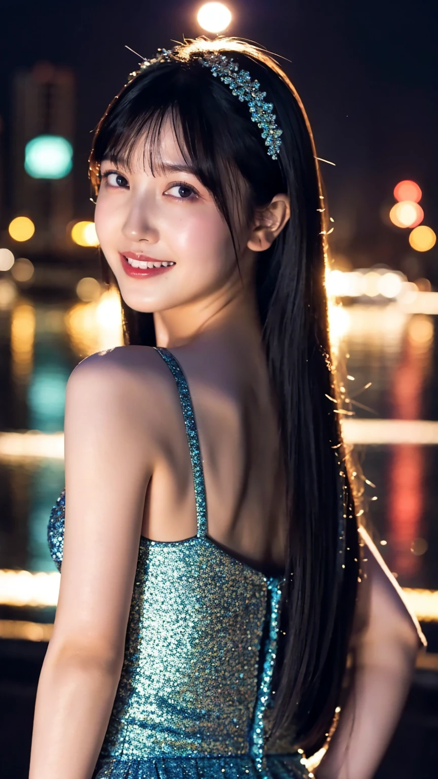 1girl,(wearing a blue glittery evening dress:1.2),(RAW photo, best quality), (realistic, photo-realistic:1.4), masterpiece, an extremely delicate and beautiful, extremely detailed, 2k wallpaper, Amazing, finely detail, extremely detailed CG unity 8k wallpaper, ultra-detailed, highres, soft light, beautiful detailed girl, extremely detailed eyes and face, beautiful detailed nose, beautiful detailed eyes,cinematic lighting,city lights at night,perfect anatomy,slender body,light smile,close up,(long hair)