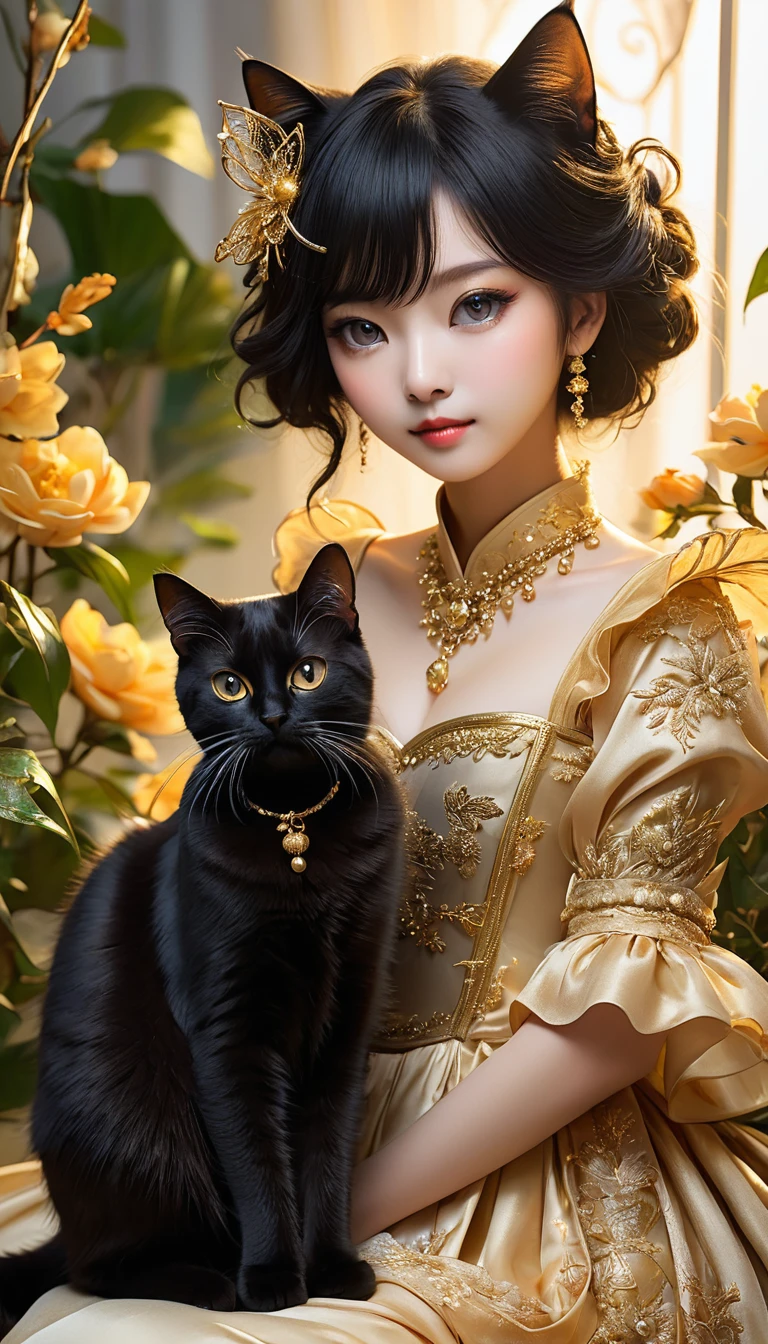 Dressed(Cat)の写実的な肖像画 - 美しい黒髪ロングストレートヘアCatの擬人化, (人型Cat）人型Cat、不思議な森の中に立つ植物と花で構成された人型Cat、青いMelancholyな瞳、Fairy、Close-up、Highly detailed decorations,, (Melancholy),Golden Hour、Backlight、Dramatic Light(Full body image:1.5)