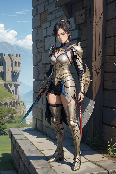 1 girl, black ponytail hair, wearing ((valkyrie armor))knight armor((barioth x armor)), standing outside castle, holding long sw...