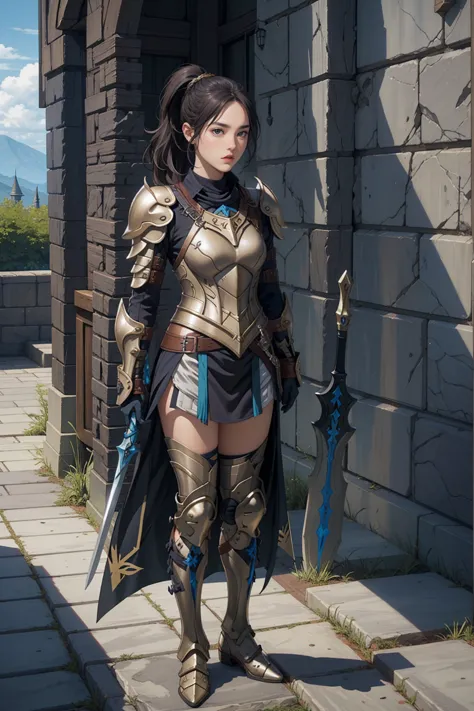 1 girl, black ponytail hair, wearing ((valkyrie armor))knight armor((barioth x armor)), standing outside castle, holding long sw...