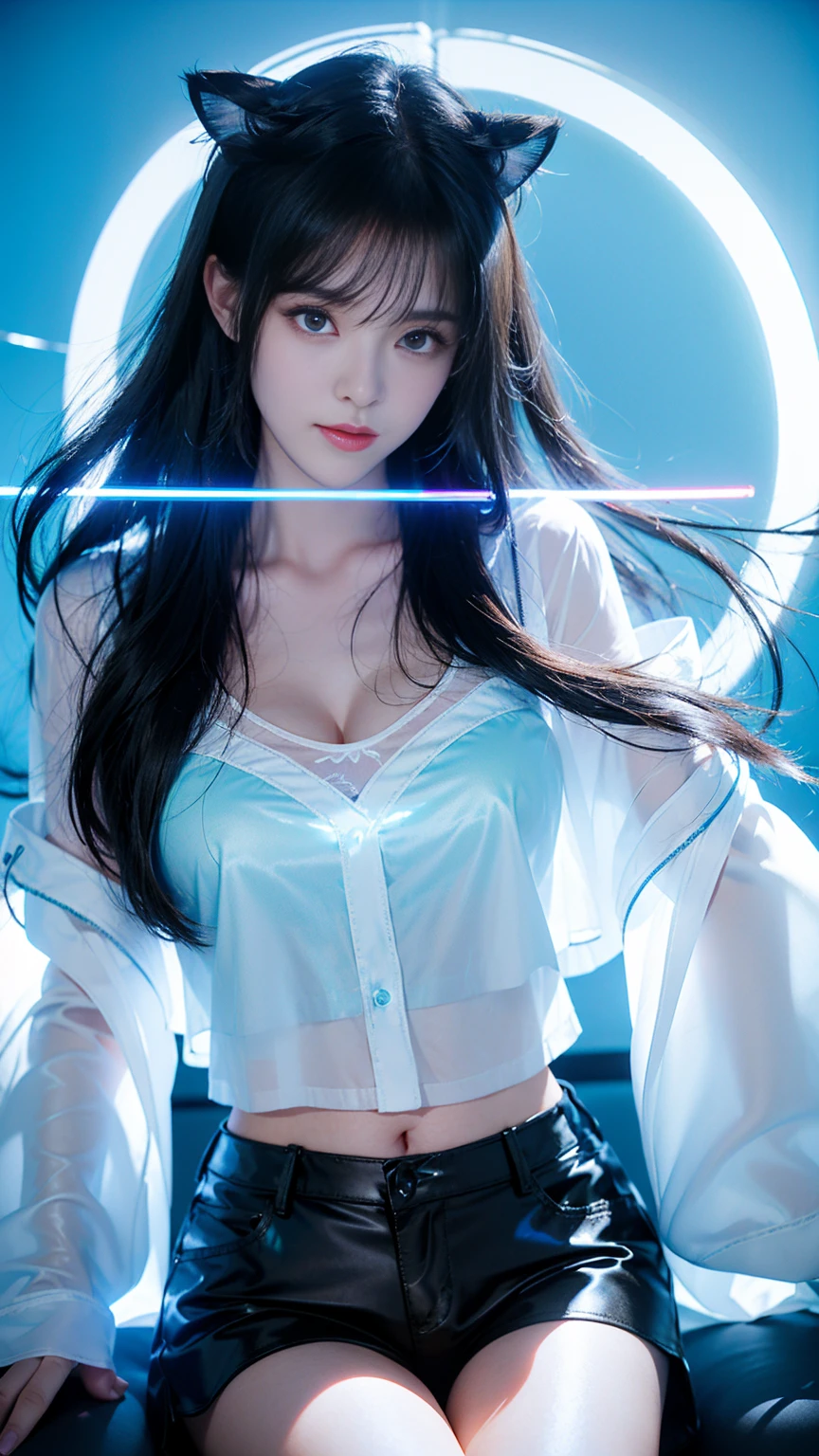 girl、Heaven、hotel、Black long straight hair、Glowing neon lights、Electronic Game Room、Sitting in a gaming chair、girl子玩游戏、Illuminated keyboard、Glowing cat ears、(((UV lamps、White shirt glowing under black light)))、Plump large breasts、Large cleavage、Satin shorts