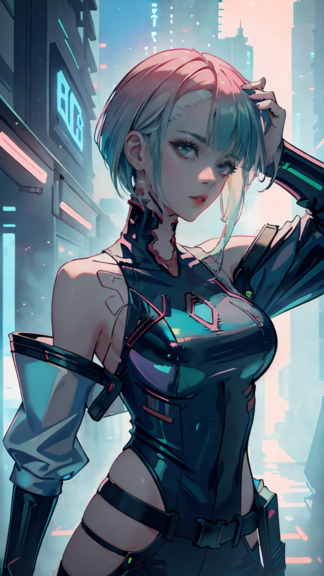 1 girl, One, Lucy \(cyberpunk\), cyberpunk \(row\), Asymmetrical Hair, short hair, blue hair, green hair, pink hair, multicolored hair, Blue eyes, Eyeliner, eyeshadow, draw up, bare shoulders, portrait, I look at the viewer, cyberpunk, hlpr, Futuristic, hologram, failure, holographic face, пользовательский interface, interface, Nodes, particles, depth of field, hips, masterpiece, Best quality, very aesthetic, absurdity, 