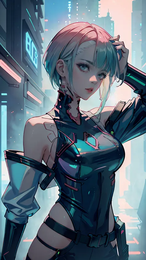 1 girl, One, Lucy \(cyberpunk\), cyberpunk \(row\), Asymmetrical Hair, short hair, blue hair, green hair, pink hair, multicolore...