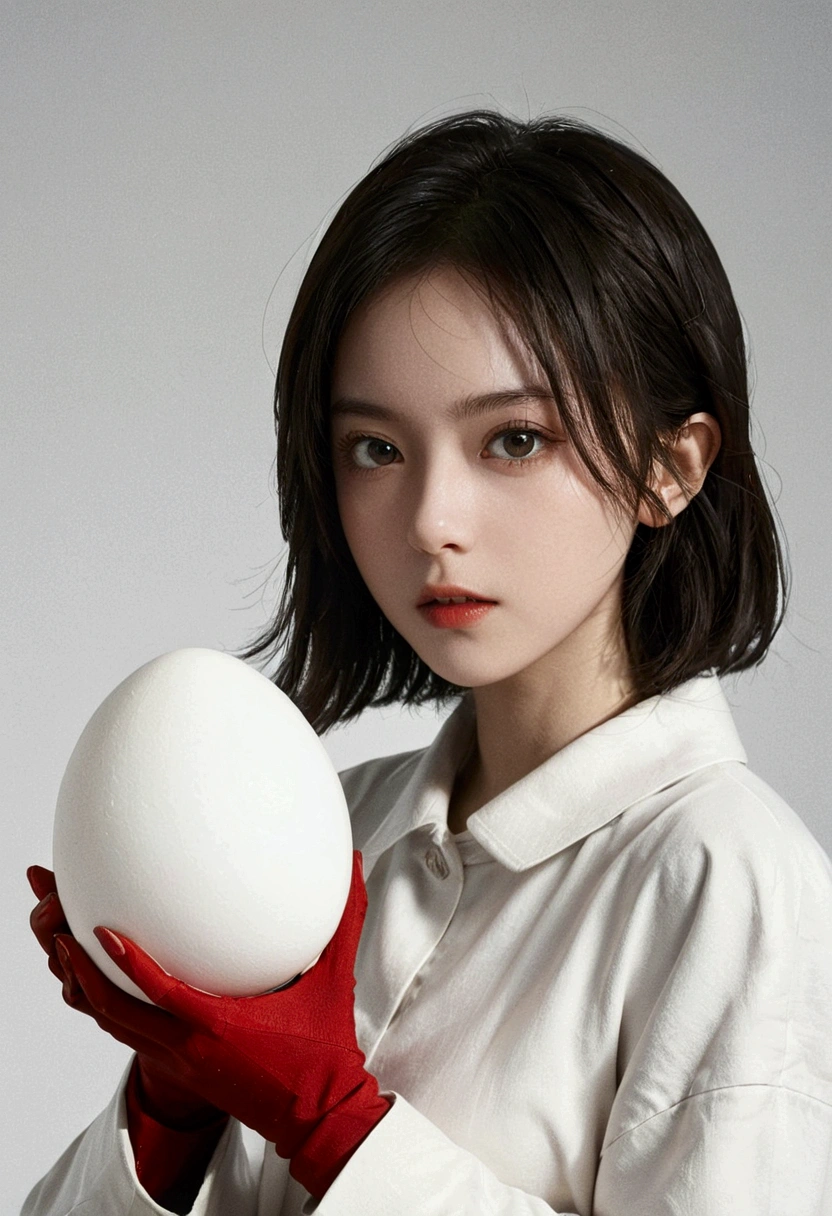 The girl is coming out of the eggshell，Accurate structure，Lively action，Simple background，Minimalism and lots of white space，Asymmetrical composition，No extra stuff，Oblique angle shot，Sci-fi poster texture grainy，Old photo noise faded scratches，Award-winning work