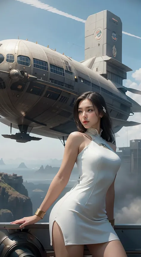 there is a woman in a futuristic dress standing in front of a bunch of people, large dieselpunk flying airships, dribbble, inspi...