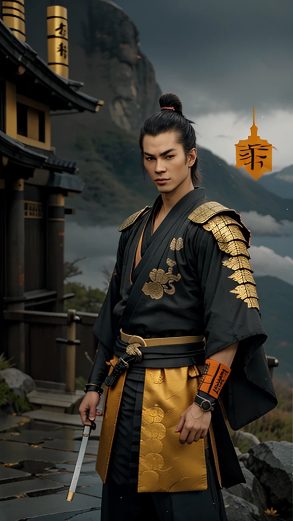 Make a 19 year old Samurai in a black Kimono with orange details , wearing Carbon fiber bracelets with gold and cursed with Runes, yellow pupils containing kanji, hero pose, on top of a mountain with fog.