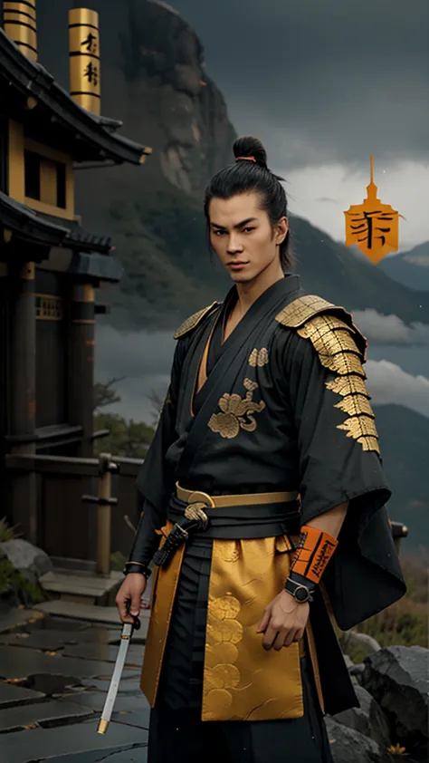 Make a 19 year old Samurai in a black Kimono with orange details , wearing Carbon fiber bracelets with gold and cursed with Rune...