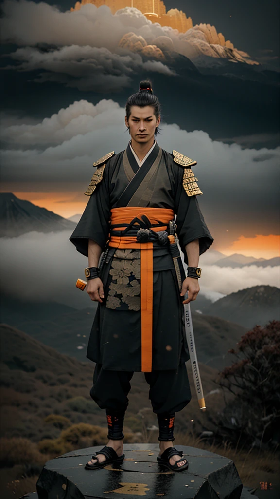 Make a 19 year old Samurai in a black Kimono with orange details , wearing Carbon fiber bracelets with gold and cursed with Runes, yellow pupils containing kanji, hero pose, on top of a mountain with fog.