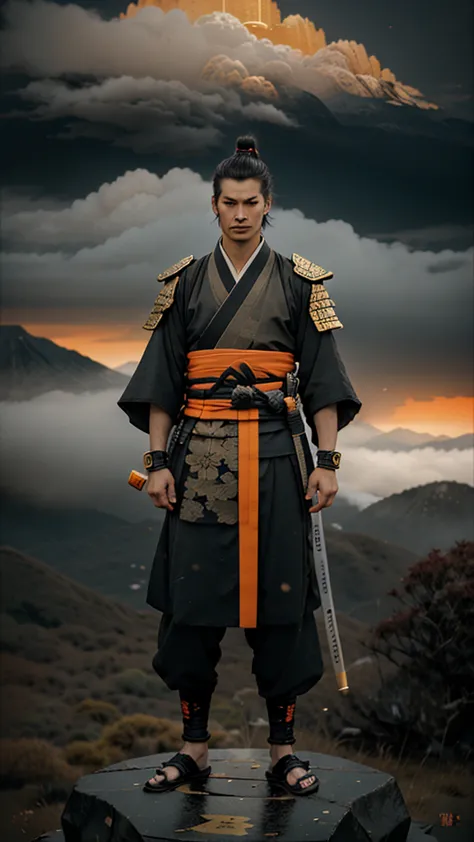 Make a 19 year old Samurai in a black Kimono with orange details , wearing Carbon fiber bracelets with gold and cursed with Rune...