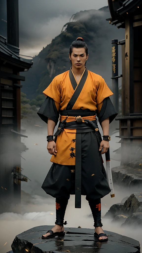 Make a 19 year old Samurai in a black Kimono with orange details , wearing Carbon fiber bracelets with gold and cursed with Runes, yellow pupils containing kanji, hero pose, on top of a mountain with fog.