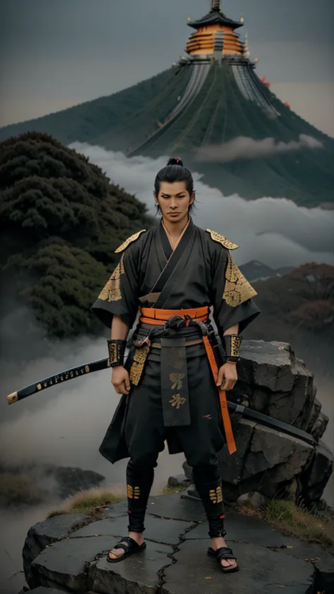 Make a 19 year old Samurai in a black Kimono with orange details , wearing Carbon fiber bracelets with gold and cursed with Rune...