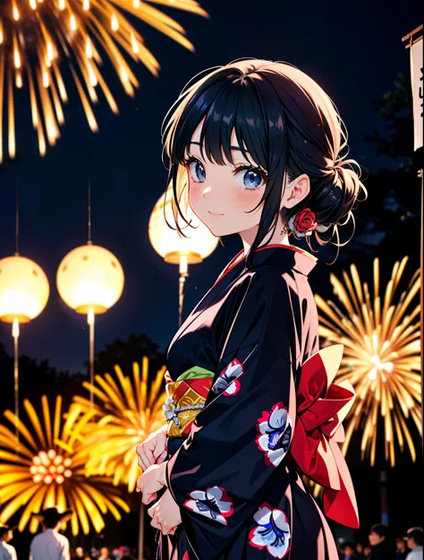 mioakiyama, My Akiyama, Long Hair, bangs, Black Hair, (Iris:1.3), Hime cut,blush,smile,hair tied back,Flower Hair Ornaments,Blac...