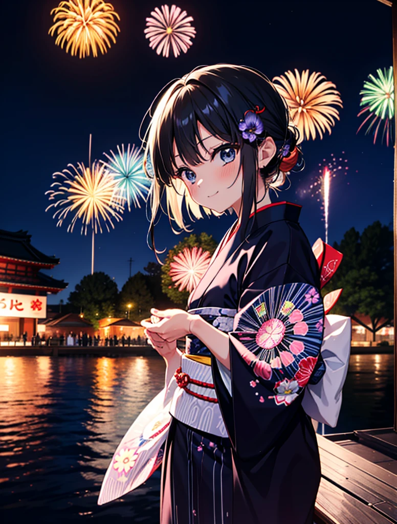 mioakiyama, Mon Akiyama, cheveux longs, frange, cheveux noirs, (Iris:1.3), Coupe Hime,rougir,sourire,cheveux attachés en arrière,Ornements de cheveux de fleurs,Yukata noir,Fêtes japonaises，Stands de nourriture du festival d&#39;été、Lanterne rouge,feux d&#39;artifice in the night sky,feux d&#39;artifice,L&#39;endroit est un feu d&#39;artifice,le temps est la nuit,journée ensoleillée,tout le corpsがイラストに入るように
casser outdoors, tombeau,
casser looking at viewer, tout le corps,(tir de cow-boy:1.5),
casser (chef-d&#39;œuvre:1.2), la plus haute qualité, haute résolution, unité 8k fond d&#39;écran, (chiffre:0.8), (Belle attention aux détails:1.6), Visage très détaillé, éclairage parfait, CG très détaillé, (des mains parfaites, Anatomie parfaite),