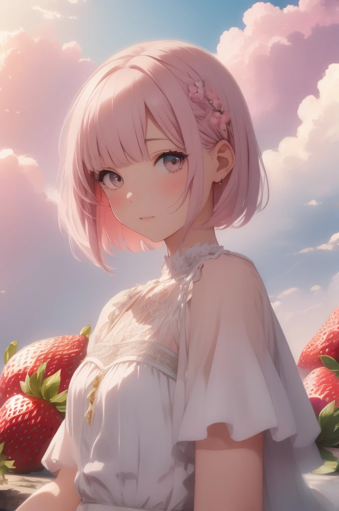 Absurd, High resolution, Very detailed, (Beautiful girl:1.3), Bobcut, de luz, Strawberry shaved ice clouds floating in the sky, The wind blows through, Pale pink style, Pale colors, Bright colors, Fantasy watercolor style, Soft Blending, A dreamy, romantic wash, Refreshing texture