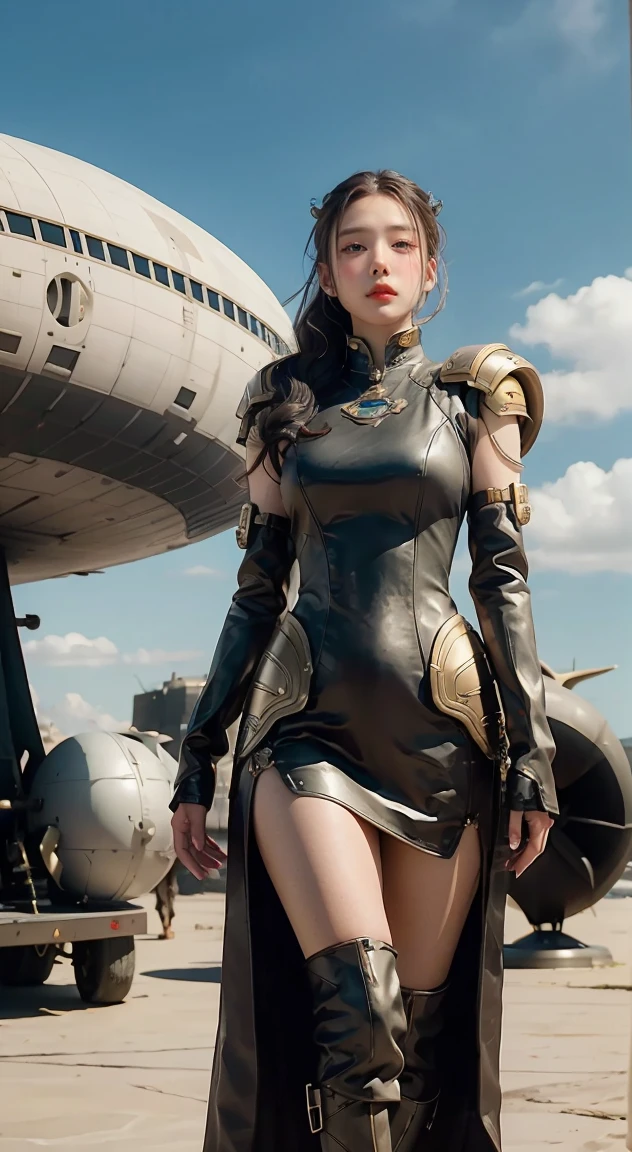 there is a woman in a futuristic dress standing in front of a bunch of people, large dieselpunk flying airships, dribbble, inspired by Gil Elvgren, fantasy paladin woman, inspired by Mark Brooks, [ bubbles, portrait of helen of troy, sci - fi : :, golden armour  