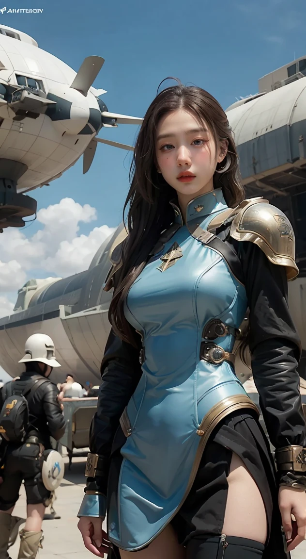 there is a woman in a futuristic dress standing in front of a bunch of people, large dieselpunk flying airships, dribbble, inspired by Gil Elvgren, fantasy paladin woman, inspired by Mark Brooks, [ bubbles, portrait of helen of troy, sci - fi : :, golden armour  