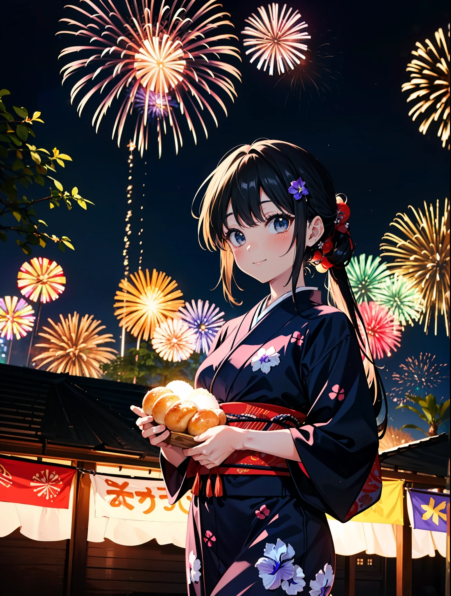 mioakiyama, My Akiyama, Long Hair, bangs, Black Hair, (Iris:1.3), Hime cut,blush,smile,hair tied back,Flower Hair Ornaments,Black yukata,Japanese Festivals，Summer festival food stalls、Red lantern,Fireworks in the night sky,Fireworks,The place is a fireworks display,Time is night,sunny day,whole bodyがイラストに入るように
break outdoors, shrine,
break looking at viewer, whole body,(Cowboy Shot:1.5),
break (masterpiece:1.2), Highest quality, High resolution, unity 8k wallpaper, (figure:0.8), (Beautiful attention to detail:1.6), Highly detailed face, Perfect lighting, Highly detailed CG, (Perfect hands, Perfect Anatomy),