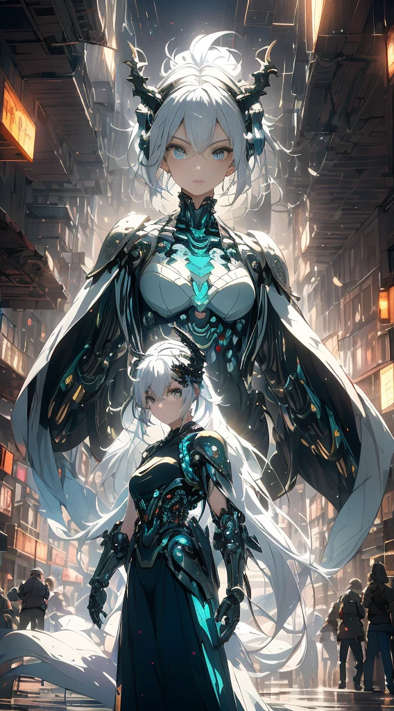 （（A futuristic））， （（myth））， （（fanciful）），Machinary，1girll， modern city setting， Girl with white hair with avant-garde costume， Surrounded by mechanical Asian dragons， （neonlight：1.2）， （cybernetically enhanced：1.1）， （Ethereal dragon scales：1.1）， （action-packed scene：1.2）， （cinematic compositions：1.1）， Mixed-media artwork， 8k resolution