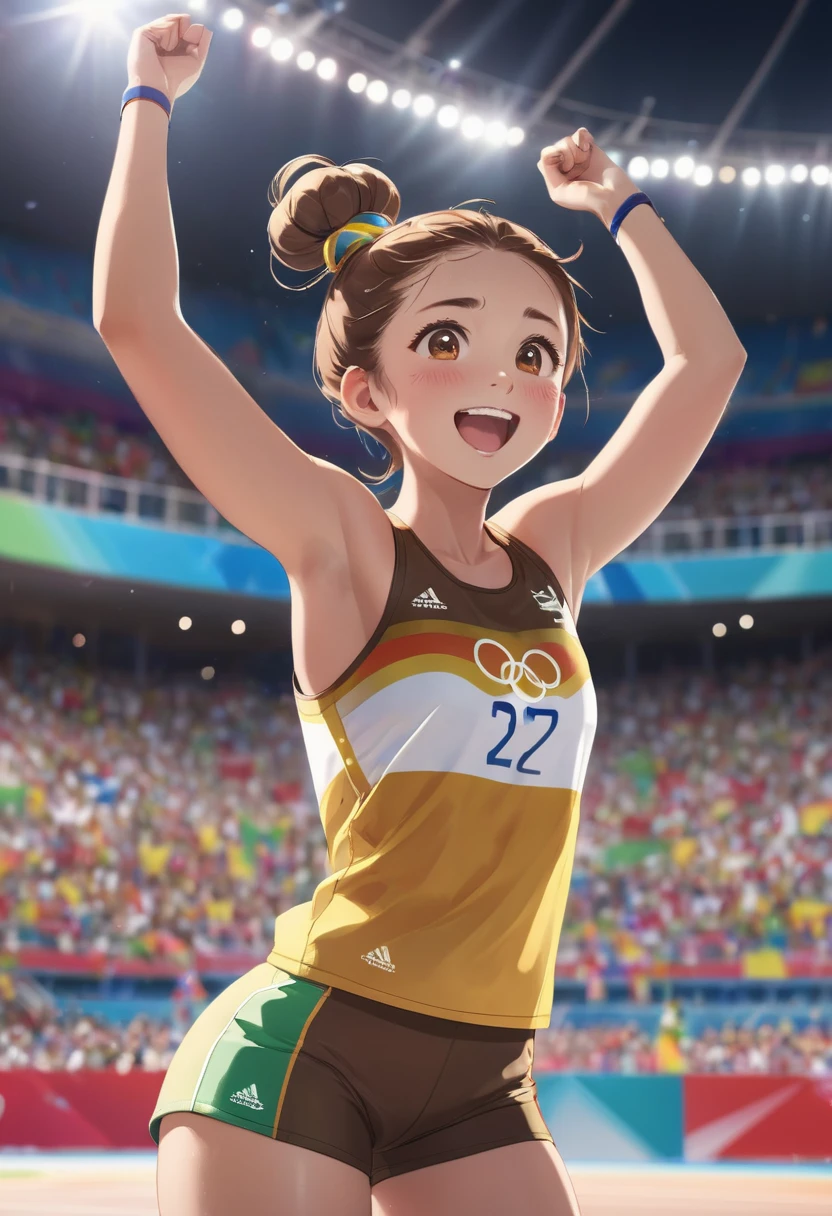 close-up, gold medal, cute, 1girl, (((national athlete uniform, colourful sports shorts))), head up, elated, sweat, Olympic rings, Olympic venue, crowd in distant stands, cinematic light, slim figure, brown hair, double bun, from below, full body, standing on ranking podium,