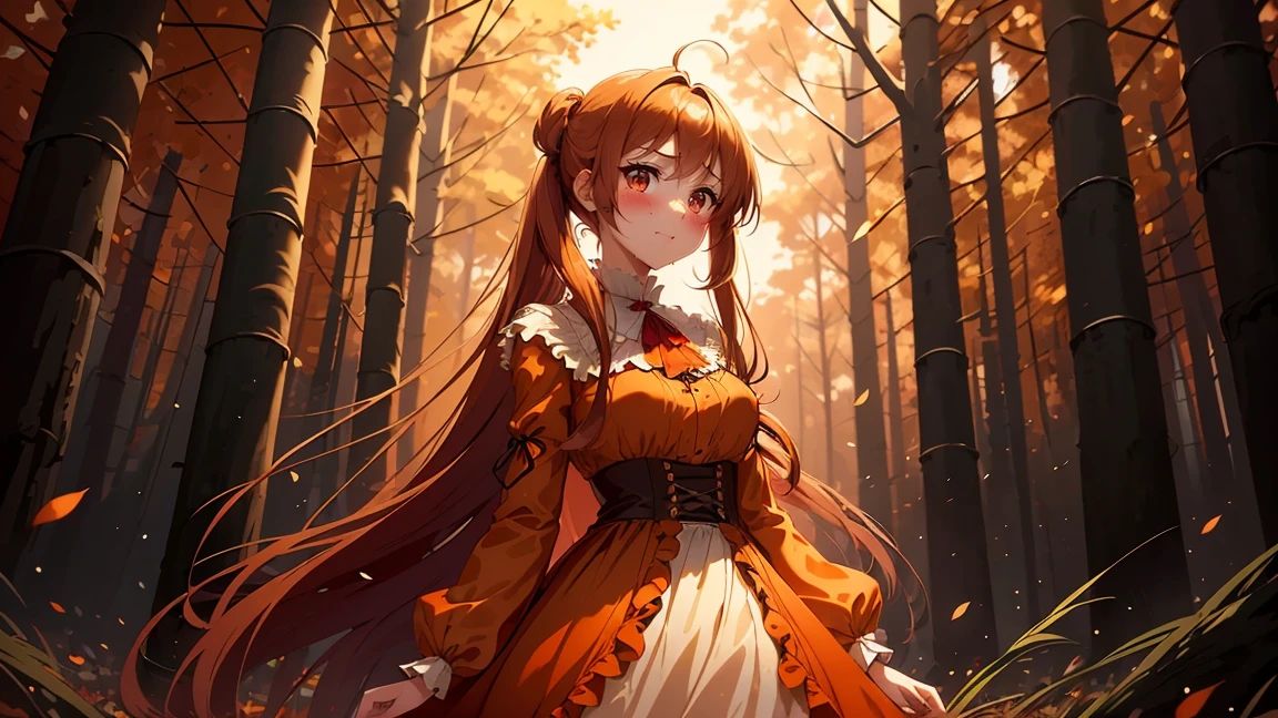 anime girl standing in a middle of deep forest, wear a classy coffee Chiffon Dress, Long sleeve, golden, orange and red theme highlights, silky brown hair with ponytail hairstyle, high hair texture quality and details, The colors and textures of the painting come together to create a dreamlike atmosphere, 28 year old, cute face, have a nice figure, >, high quality for background and details, no override, no glitches on image, colorful painting art type, advanced quality for color and details, soft air details on dress and hair, masterpiece, 16k quality, >, >.