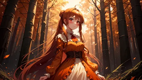 anime girl standing in a middle of deep forest, wear a classy coffee chiffon dress, long sleeve, golden, orange and red theme hi...