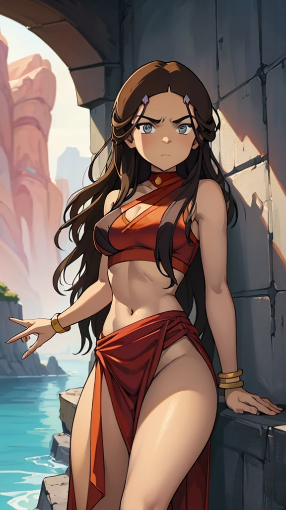 masterpiece, best quality, highres, highest quality, absurdres, kataras3, dark skin, traditional media, (painting \(medium\)), bracelet, long hair, brown hair, crop top, midriff, navel, sharp expressive eyes, perfect face, wide hips, thick lineart, atmospheric lighting, smooth, beautifully detailed riverbank background, cinematic composition, Joe Madureira,  red clothing, squinted eyes, seductive expression, 