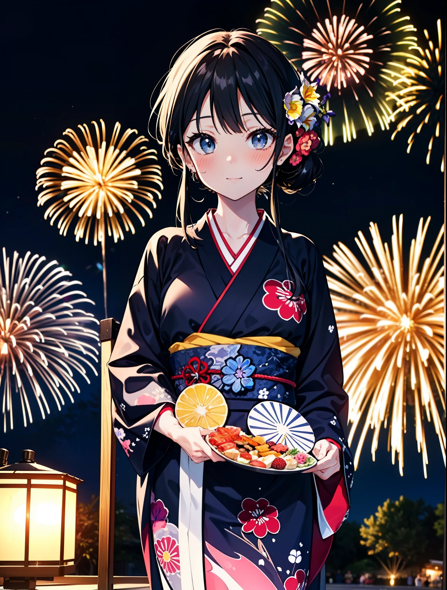 mioakiyama, Mon Akiyama, cheveux longs, frange, cheveux noirs, (Iris:1.3), Coupe Hime,rougir,sourire,cheveux attachés en arrière,Ornements de cheveux de fleurs,Yukata noir,Fêtes japonaises，Stands de nourriture du festival d&#39;été、Lanterne rouge,feux d&#39;artifice in the night sky,feux d&#39;artifice,L&#39;endroit est un feu d&#39;artifice,le temps est la nuit,journée ensoleillée,tout le corpsがイラストに入るように
casser outdoors, tombeau,
casser looking at viewer, tout le corps,(tir de cow-boy:1.5),
casser (chef-d&#39;œuvre:1.2), la plus haute qualité, haute résolution, unité 8k fond d&#39;écran, (chiffre:0.8), (Belle attention aux détails:1.6), Visage très détaillé, éclairage parfait, CG très détaillé, (des mains parfaites, Anatomie parfaite),